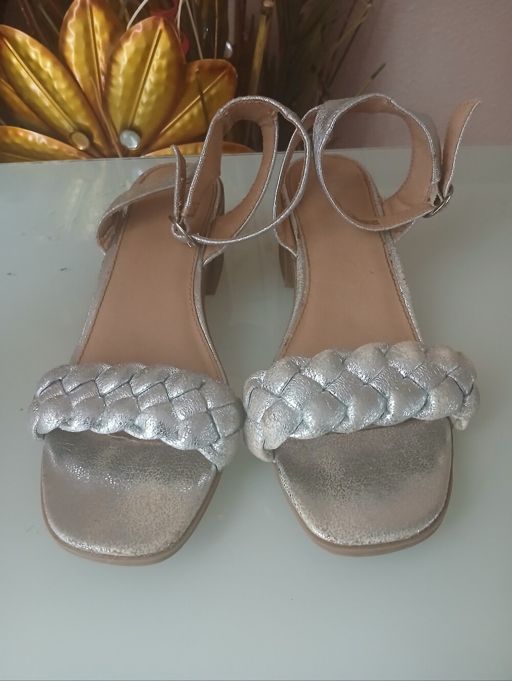 Metallic Silver Braided Front Ankle Strap Sandals - Women